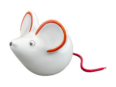 Porzellan-Spardose Maus mit roten Akzenten vor weißem Hintergrund