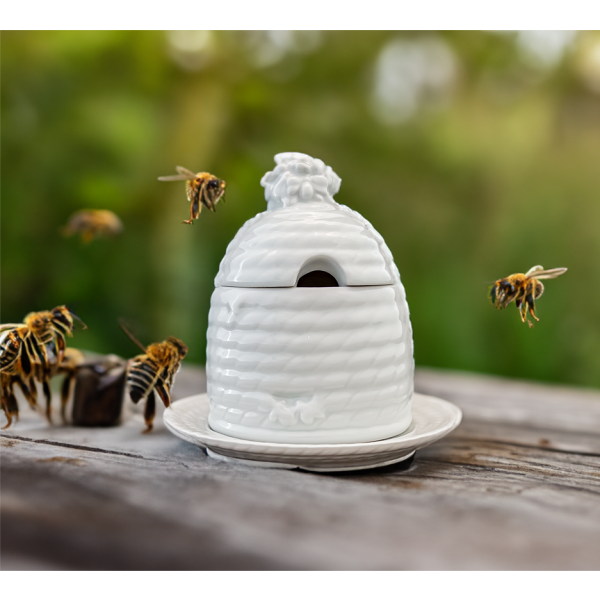 Bienenkorb Honigtopf 13 cm Porzellan weiß