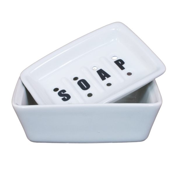 Seifenschale 12 cm SOAP Seifenablage mit Ablauf Einsatz 2 teilig Porzellan weiß