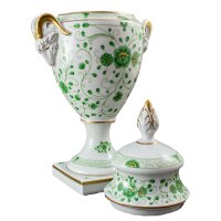 Biedermeier Deckel-Vase mit Widderköpfen 35 cm Dekor Alte Ranke Grün